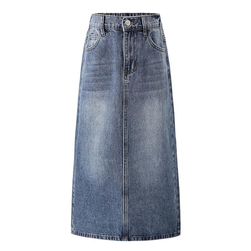 A-Line Maxi Denim Skirt for Girls Long Stretch Vintage Dress Elastic High Waisted Casual Midi Jean Skirts with Pocket School Uniform Dresses Fashion Holiday Clothes, Blue, 13-14 Years