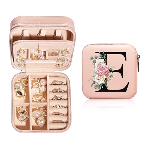 JEKUGOT Personalized Jewelry Box Small - Travel Jewelry Case with Mirror, Travel Jewelry Organizer Storage Trinket Box, Birthday Gift for Women, Mothers, and Friends（E）