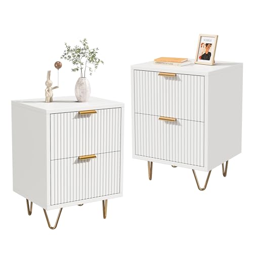 TIMORWTF Set di 2 comodini bianchi, 2 cassetti con gambe e maniglie in metallo, moderno comodino 40x40x55 cm, per camera da letto o soggiorno (bianco)
