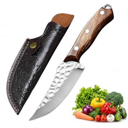 Image of Chef Knife Full Tang High Carbon Steel Blade with Wooden Handle - Professional Butcher Boning Knife, Kitchen Use with Leather Sheath, Hammered Finish, Damascus Pattern