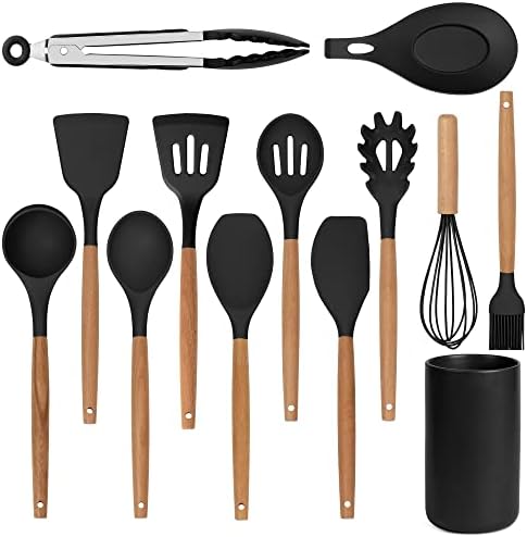 Lanzo Design Kitchen Utensil Set, 13 pcs Non-Stick Silicone Cooking Utensils Spatula Set with Ceramic Holder (Black Holder)