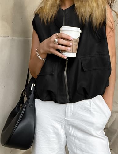 Yimoon Women’s Oversized Zip Up Cargo Vest Casual Ruched Hem Sleeveless Blazer Jackets Vest Top with Pockets4