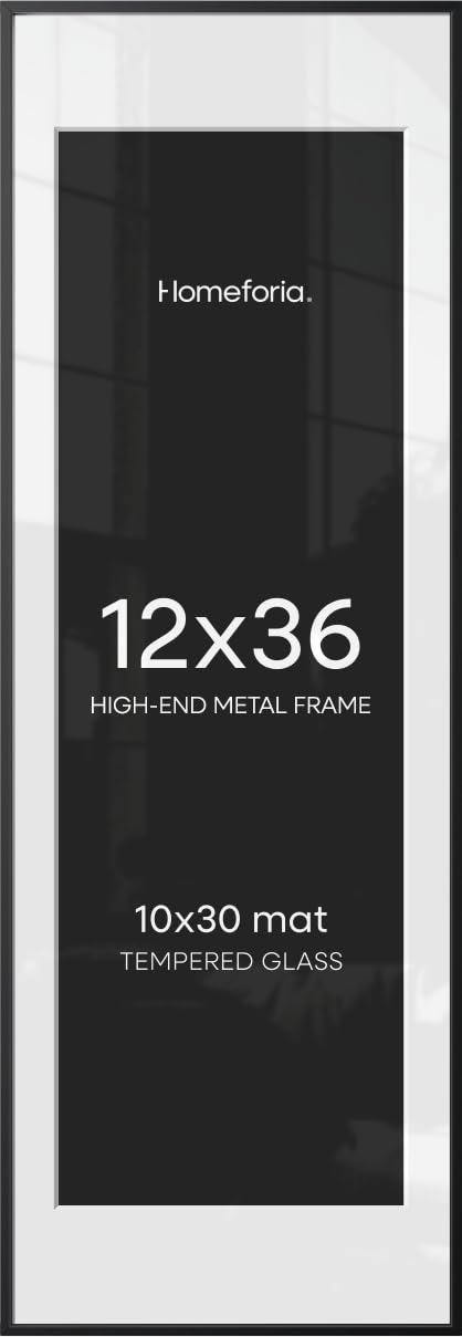 Homeforia 12x36 Black Picture Frame, High-End Metal, 10x30 Mat, Glass