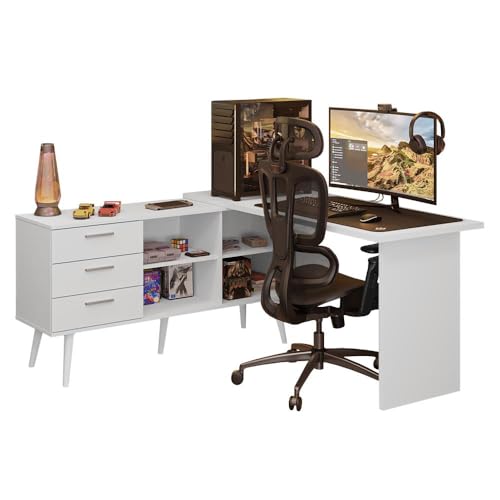 Mesa para Computador Gamer em L 3 Gavetas Branco Lisboa Madesa