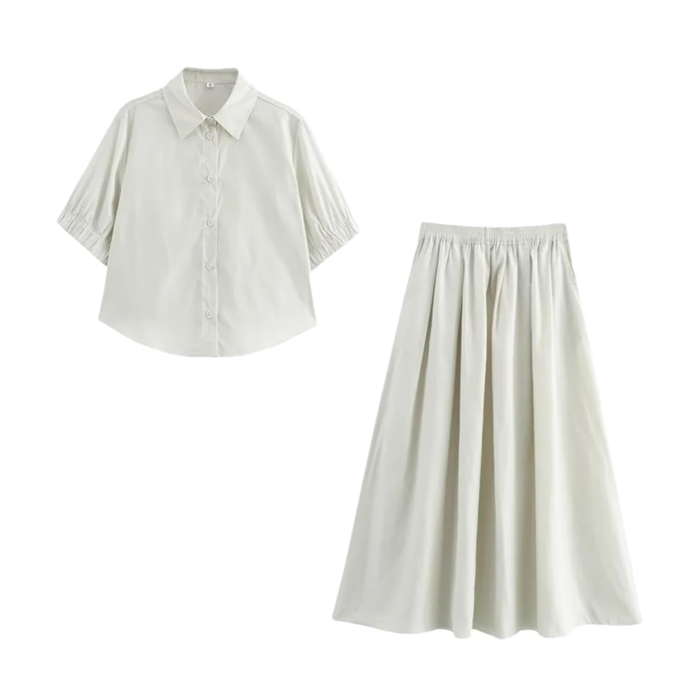 Kiioouu Womens Casual Collar Short Sleeve Short Shirt Wide Swing Midi Half Skirt Set