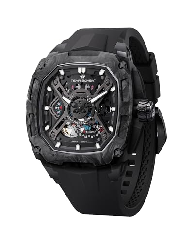 TSAR BOMBA Montre-Bracelet pour Hommes Montre mécanique Luxe avec braceletcaoutchouc fluoré boîtier Fibre Carbone indicateur Lumineux étanchéité à 5 ATM...