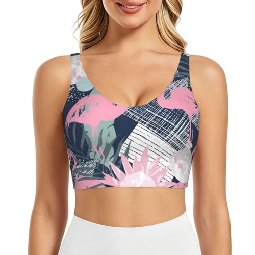 PHAYAH Sujetadores deportivos de flamenco rosa y hojas Prin para mujer, chaleco de yoga, camiseta corta sin mangas para entrenamiento, fitness, pilates, danza, Negro, XL