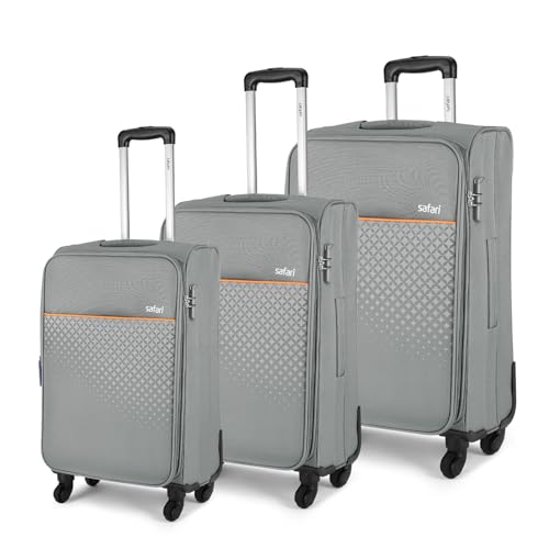 Safari Prisma Neo Set of 3 (Cabin + Medium + Large) Trolley Bags Polyester Expandable Soft Luggage, 4 Wheels 360 Degree Wheeling, Travel Bag, Suitcase for Travel, Trolley Bags for Travel, Grey