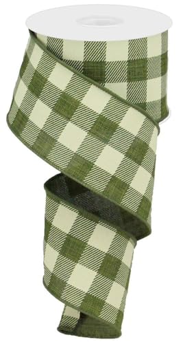 Image of Moss Green Plaid Wired Ribbon - 2 1 /2 inch x 10 Yards, Green Natural Tartan, Spring, Fall Decor, Autumn, Christmas, Wreath, Gingham, Gift Decor, Bow Decoration, Mardi Gras, St. Patrick's Day, Easter