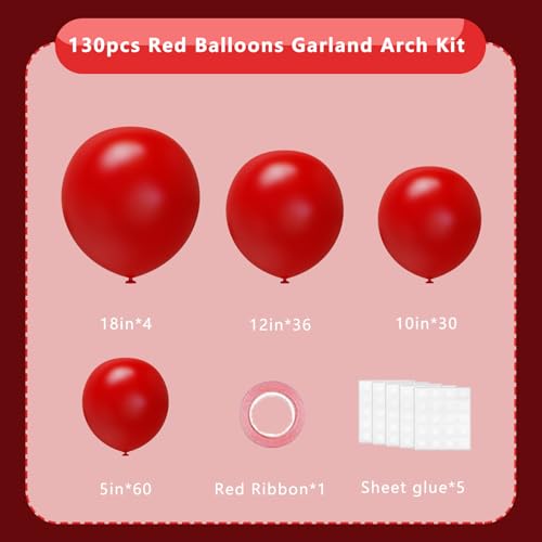 Image of Red Balloons Arch Kit,130pcs Red Balloons Garland,Different Sizes Latex Balloons for Birthday Party Graduation Baby Shower Wedding Balloon Decoration