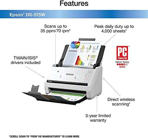 Image of Epson DS-575W Wireless Document Scanner: 35ppm, Twain & ISIS Drivers, 3-Year Warranty with Next Business Day Replacement