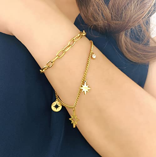 DASIQI Layered Bracelet for Women Girls Octagonal Stars Bezel-Set CZ Adjustable Chains (Gold, Stainless Steel) - Image 3