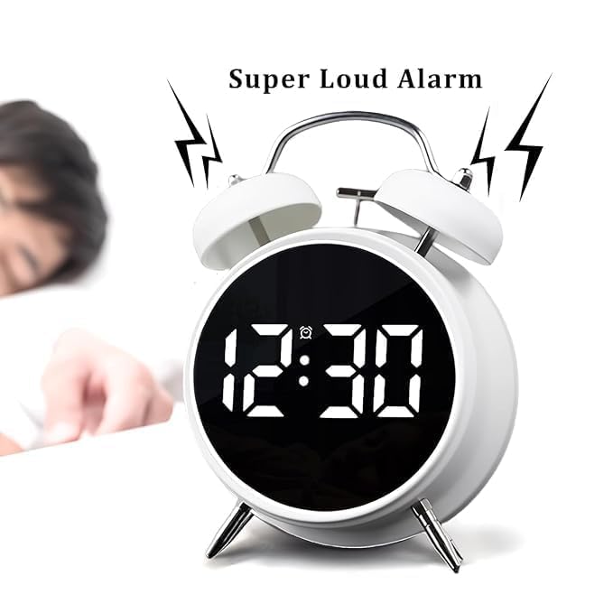 Image of Niloni Digital LED Table Alarm Mirror Twin Bell Clock with Night Light, USB Rechargeable /Battery Operated Loud Bell Metal Alarm Clock for Heavy Sleepers (White)