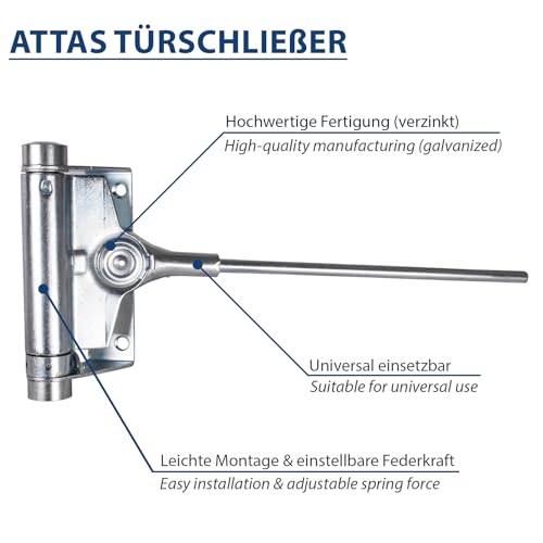 ATTAS Türschließer Feder 25 kg, 40 kg, 60 kg, 80 kg |verzinkt| automatischer Türschließer | Türschließer außen Gartentor Gartentür