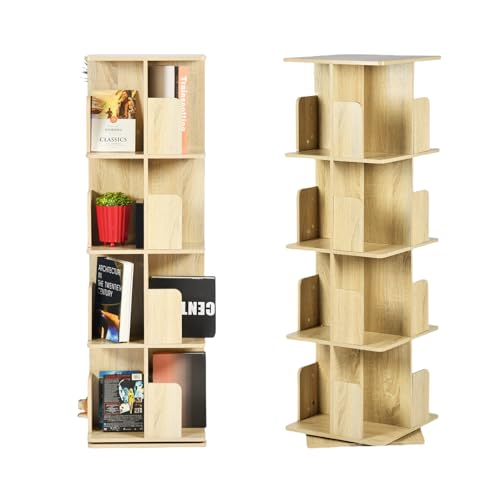 ZZINOKE Bibliothèque Rotative 360° - 4 Niveaux & 16 Compartiments, Rangement Économique d'Espace (39×39×128cm), Bois Chêne, Adaptée à...