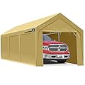 PEAKTOP OUTDOOR 10x20 ft Heavy Duty Carport, Portable Car Canopy, Garage Tent, Boat Shelter with Reinforced Triangular Beams and Ground Bar, Removable Sidewall & Zipper Doors, Beige