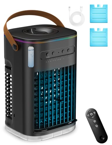 Small Air Conditioner Portable Ac Unit, Evaporative Air Cooler With 1.2L Water Tank, Personal Air Cooler with Remote, Powered by USB, Mini Air Conditioner for Car Desktop,Black No Battery
