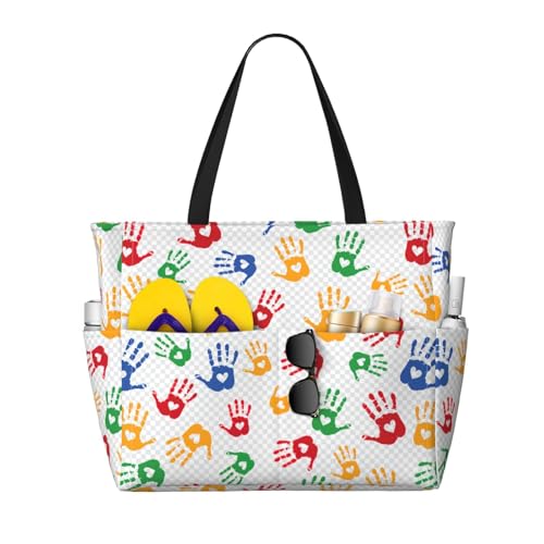 Large Capacity Beach Bag Waterproof Pool Tote for Gym Swimming Camping Carry On Bag Colorful Hand Shapes Rainbow Print