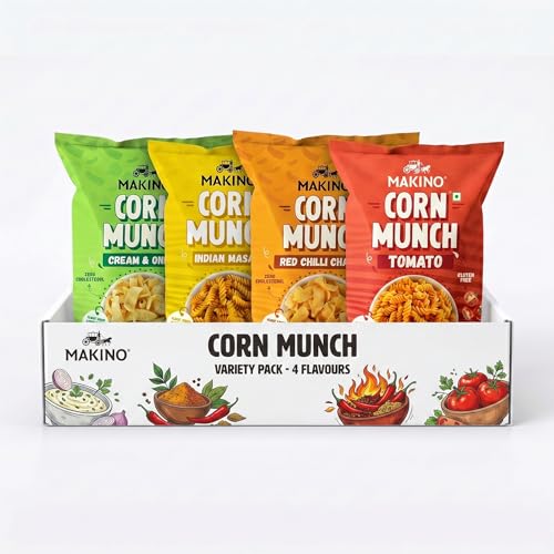 Image of Makino Corn Munch - First Time in India, Indian Masala, Tomato, Cream & Onion, Red Chilli Chataka| Non-GMO Corn, Zero Trans Fat, Zero Cholesterol | Gluten Free, No MSG, 150 Grams (Pack of 4)