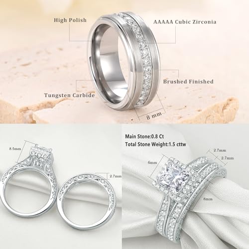 Newshe Jewellery Wedding Ring Sets for Him and Her Women Mens Silver Band Promise Rings Couples 5A Cubic Zirconia Size 5-134