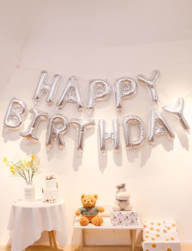 Image of Happy Birthday Balloon Banner, 16 Inch Silver Happy Birthday Foil Balloons, Silver Hbd Balloons Letter Mylar Balloon, Birthday Sign Party Decorations for Women Men Boys Girls