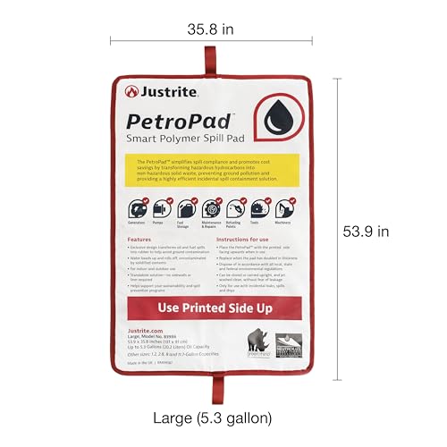 Image of Justrite PetroPad 5.3 Gallon Capacity Oil Absorbent Pads, 53 inch x 35 inch, Eco-Friendly Washable and Reusable Absorbent Oil Mat for Indoor and Outdoor Use, Large, 83986
