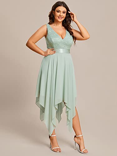 Image of Ever-Pretty Plus Women's V Neck Sleeveless Asymmetric Hem Lace Chiffon Short Summer Plus Size Wedding Guest Dresses Mint Green US14