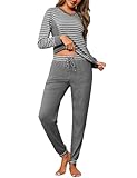 Crewhpo Pijamas Mujer Invierno Algodón Rayas Pijama Manga Larga Ropa de Dormir con Camiseta Cuello en V y Pantalones Largo 2 Piezas