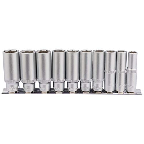 Draper 16401 Square Drive Deep Socket 10 Pieces Set on Metal Rail, Blue, 3/8" Length, 3/8-Inch