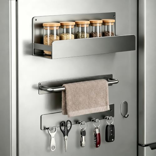 Cozary Lot de 4 Ensemble d'Étagères Magnétiques pour Réfrigérateur, Support à Épices + Barre à Serviettes + Crochets, Organisateur de Cuisine sans...