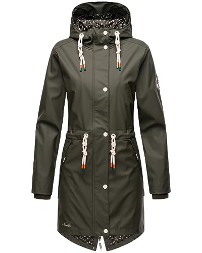 Navahoo Damen Übergangsjacke Regenmantel wasserdichte lange Regenjacke mit verstellbarer Kapuze und geschweißten Nähten Tropical Stormoo Oliv Gr. M