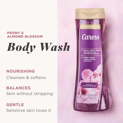 Image of Caress Peony & Almond Blossom Body Wash, Hyaluronic Acid & Vitamin B3 for Moisturized, Silky Soft Skin, Long-Lasting Floral Bouquet Fragrance, 20 fl oz (4 Pack)
