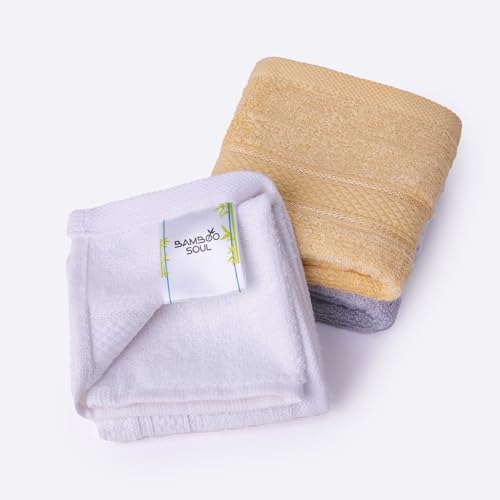Image of Bamboo Soul Bamboo Face Towel | Ultra Absorbent & Super Soft | 30 x 30 cm - 550 GSM | Pack of 3 (White, Light Grey, Yellow)