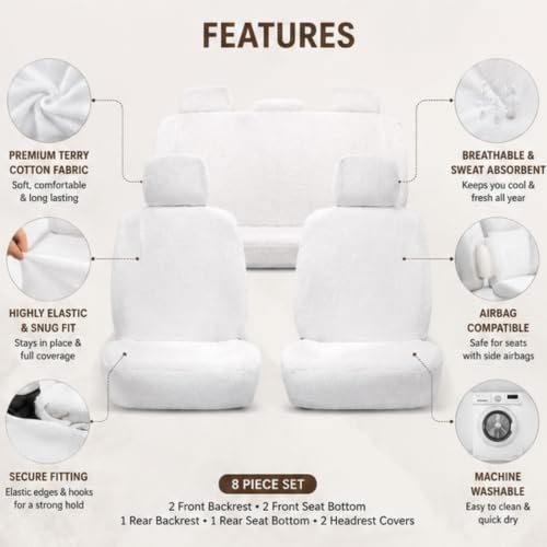 Image of Royal Bharmal Universal Fit Car Seat Cover Towel Set for 5 Seater Cars | 8 Piece Premium Terry Cotton Washable Seat Covers | Breathable Sweat Absorbent Seat Protectors (White)