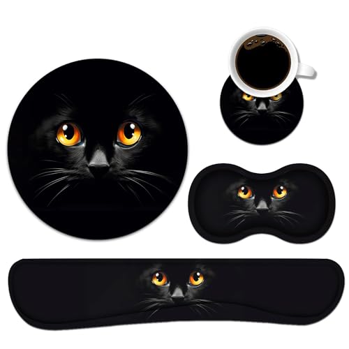 Keyboard Wrist Rest and Mouse Pad Wrist Support Set with Coasters [4Pcs], Memory Foam Wrist Support Non-Slip Base for Home & Office Easy Typing & Pain Relief, Black Cat Face
