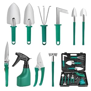 Moendergo 10St Garten Werkzeuge Set, Gartengeräte Set mit Kelle, Umpflanzmaschine, Harke, Gartenschere, Schaufeln und Wassersprühflasche (Grün)
