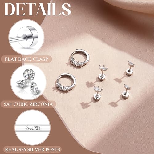Sterling Silver Flat Back Earrings for Women Trendy Small Hoop Huggie Earrings CZ Cartilage Stud Earrings Set White Gold Plated Tragus Helix Earrings Piercing Jewelrys4