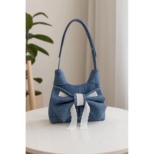 Bow Purse Lace Denim Bow Purse Jean Shoulder Bag with Zipper Lightweight Chic Trendy Gifts for Women4