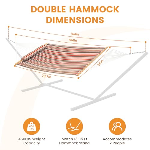 Image of Lazy Daze Hammocks 12FT Quilted Fabric Double Hammock with Hardwood Spreader Bar, Detachable Pillow and Carabiners for Outside, 2 Person Hammock for Outdoor, 450LBS Capacity, Red Brown