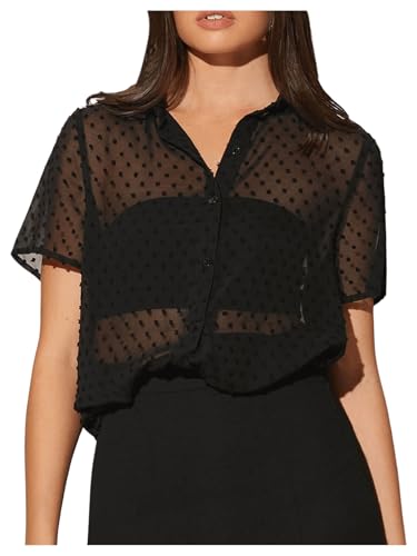 Milumia Women's Swiss Dots Mesh Sheer Button Down Shirt Short Sleeve See Through Blouse Top Black