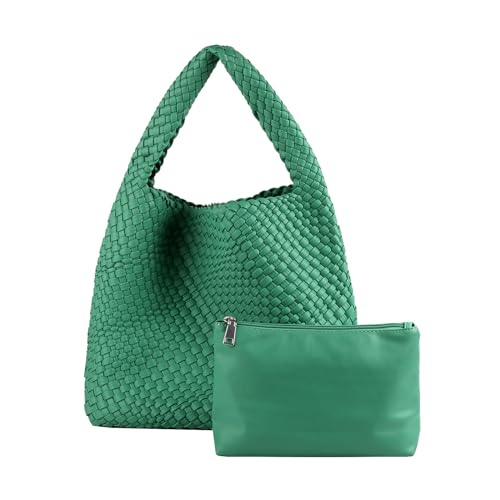 Image of Woven Tote Bag with Small Purses for Women, Vegan Leather Hobo Bags Straw Handbags Large Underarm Shoulder Bag