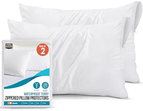 Waterproof Pillow Protectors Queen Size (2 Pack), Terry Covers