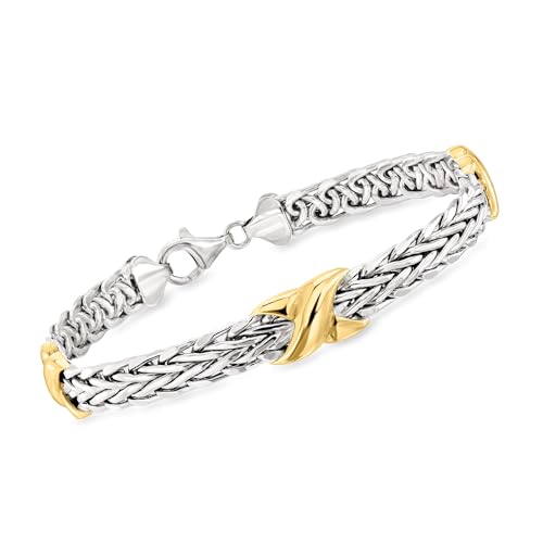 Ross-Simons Two-Tone Sterling Silver Wheat-Link X Station Bracelet. 7 inches