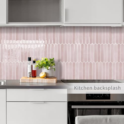 Pink Long Hexagon Tile Peel and Stick Backsplash, 10 Sheets Self-Adhesive Wall Tiles Stick on Back Splash for Kitchen, Bathroom, Fireplace,RV(12"×12")