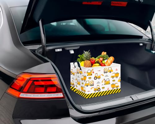 Image of CLOCOR Rectangular Storage Basket,Collapsible Cute Pattern Storage Bin,Waterproof Box with Handles,Gift Basket(Engineering Vehicle)