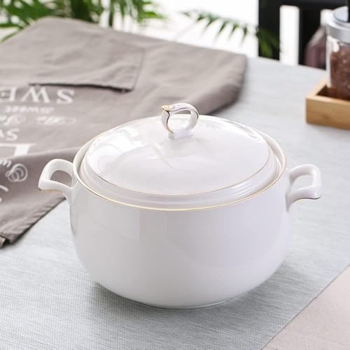 Tureen - Olla de cerámica redonda con tapa de doble asa, resistente al calor, color blanco