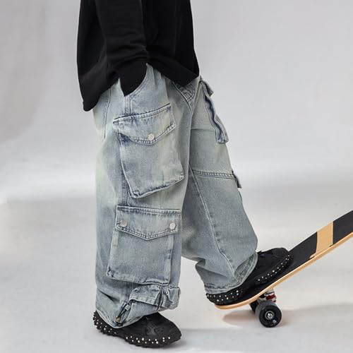 Boys Cargo Jeans Baggy Trousers Wide Leg Jeans Demin Pants with Pockets Kids Casual Distressed (Light Blue, 11-12 Years)4
