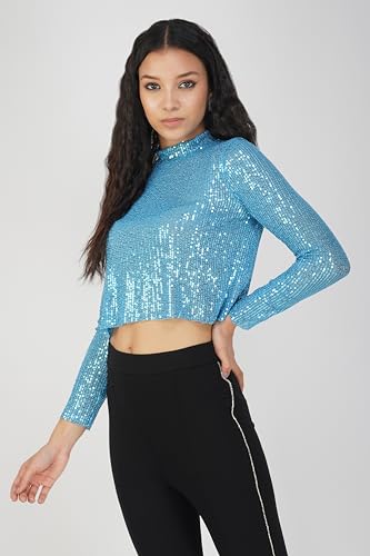Image of SAFFE Women's Casual Loose Fit Full Sleeve Turtle Neck Sequined Crop Top (Blue)