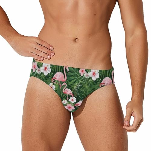 Flamingo Hibiscus Flowers Palm Leaves Mens Swim Briefs Bikini Swimwear Print Beach Shorts Sexy Swimsuit L