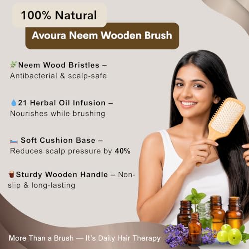 Image of Neem Wooden Hair Brush, Soaked in 21+ Herbs Amla & Bhringraj Oils | Anti-Static Detangling Brush Reduces Dandruff, Frizz & Breakage (Kacchi Neem Wood Bristles)